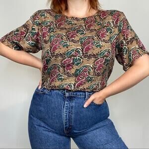 Vintage 80s Stunt Collections 100% Silk Neutral Brown Abstract Print Blouse Tee